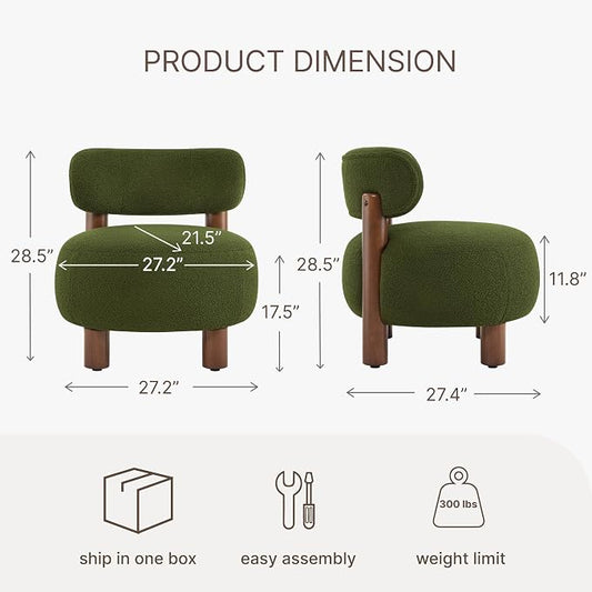 Modern Boucle Accent Chair, with Plush Faux Sherpa Upholstery, Curved Backrest, Solid Wood Legs for Living Room Bedroom Reading Nook, 27.5", Green