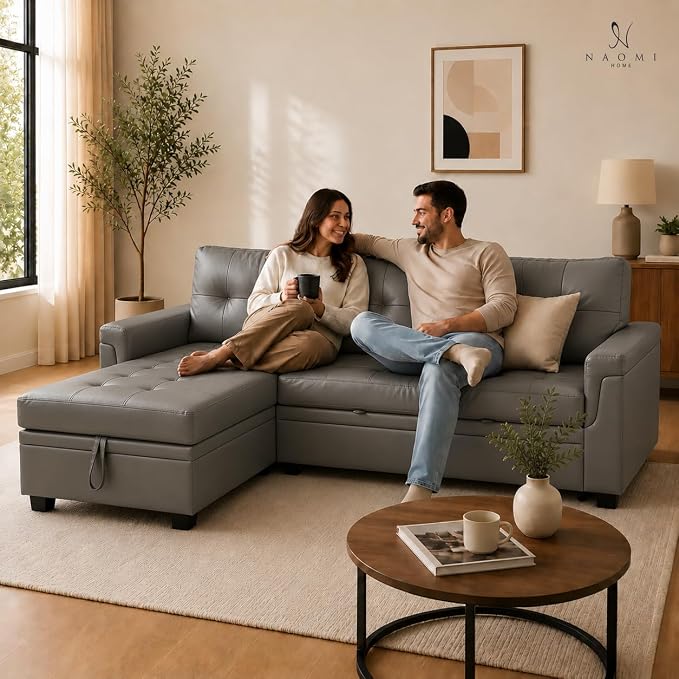 Naomi Home 84" L-Shaped Sectional Sleeper Sofa with Pull Out Bed | Sleeps Guests Comfortably, Stores Essentials in Chaise & Saves Space, Air Leather, Gray Convertible Sofa Bed