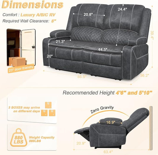RV Loveseat Recliner Wall Hugger, Manual RV Reclining Loveseat with Removable Armrest, 3X Adjustable Theater Wall Hugger Loveseat Recliners with USB Ports, Cup Holders, Multi-Storage (Velvet,Grey)