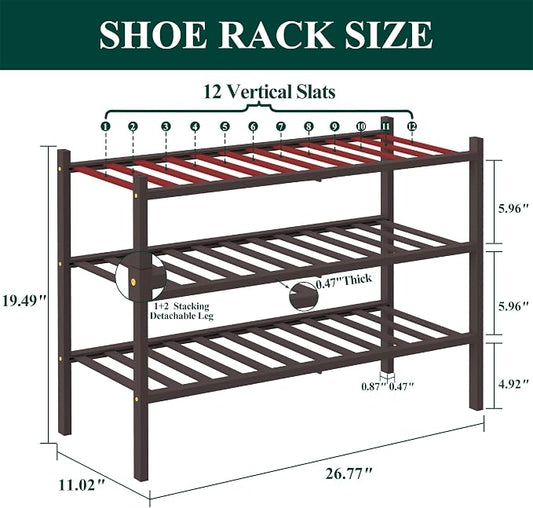 Smiry Bamboo Shoe Rack, 3 Tier Free Standing Wooden Shoe Organizer, Stackable Wood Shoe Storage Shelf for Closet, Entryway, 12 Vertical Slats, 2+1 Stack Standard Legs, 26.8"x11"x19.5", Brown