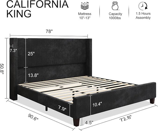 HOWE California King Size Bed Frame with Corduroy Wingback Headboard, Black | Modern Upholstered Platform Bed, 50.8 Inch Tall Profile, Solid Wood Slats, No Box Spring Needed, Noise-Reducing Designrt