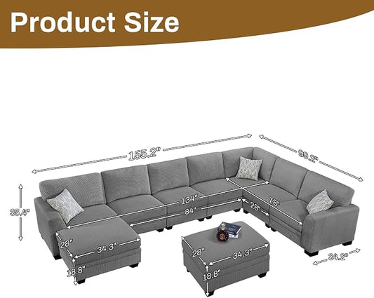Legend Vansen Oversized Modular Sectional Sofa,9 Seat U Shaped Couch with Ottoman,Corduroy Sofa with Deep Seat,Convertible Large Sectional Couches for Living Room (Grey, U-9)