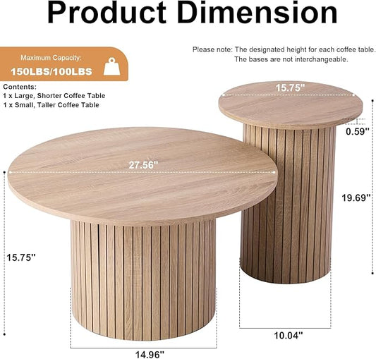 Round Nesting Coffee Tables for Living Room, Set of 2, Natural | φ27.6 + φ15.8 Boho Small Circle Side Tables, Fluted Drum Design Easy Assembly Minimalist Modern End Table Wood Grain Finish