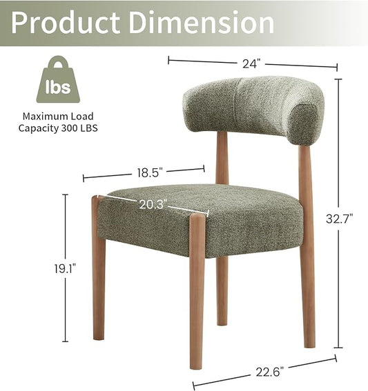 VKNOW Wooden Dining Chairs Set of 2, Modern Upholstered Dining Room Chairs with Rubberwood Legs and Curved Backrest, Fabric Kitchen Chairs for Farmhouse/Living Room/Dining Room, Green