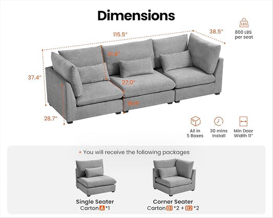 115" Oversized Chenille Couch Modular Sectional Sofa, Washable Cloud Couch Sectional, 3 Seater Sectional Couches for Living Room, Fully Cover Removable, Basic 3 Seater, Chenille, Grey