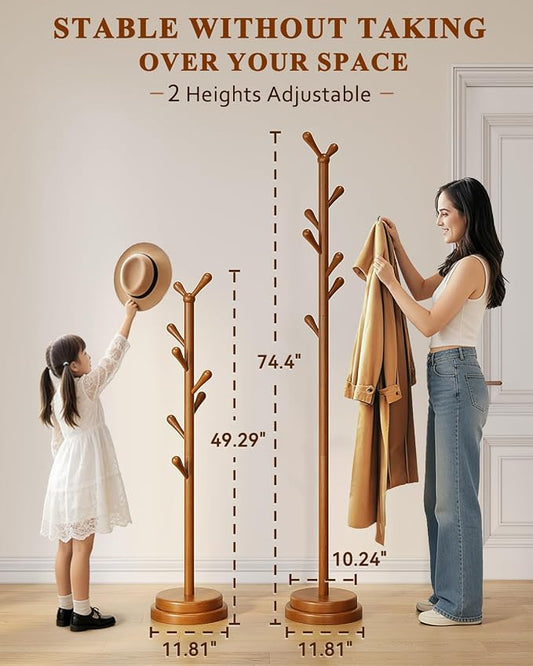 Freestanding Coat Rack, Solid Wood Coat Tree with 8 Smooth Rounded Hooks, Adjustable Height Heavy Duty Coat Rack with Dual-Layer Base, Holds Coats Hats Bags for Entryway, Bedroom, Living Room