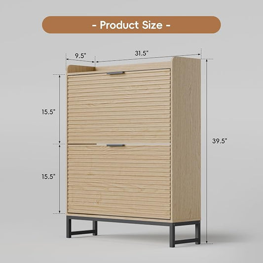 MU Shoe Storage Cabinet with 2 Flip Drawers, Freestanding Fluted Shoe Cabinet, Narrow Wood Shoe Cabinet, Hidden Shoe Organizer with Metal Legs for Entryway, Foyer, Hallway