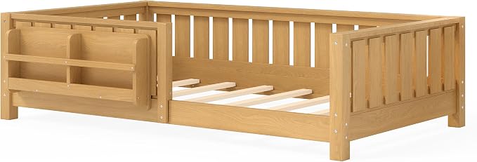 Bellemave Twin Floor Bed with Rails and Slats, Twin Size Montessori Floor Bed with Bookshelf and Fence, Easy Assemble Montessori Beds Frame for Girls, Boys, Deep Natural