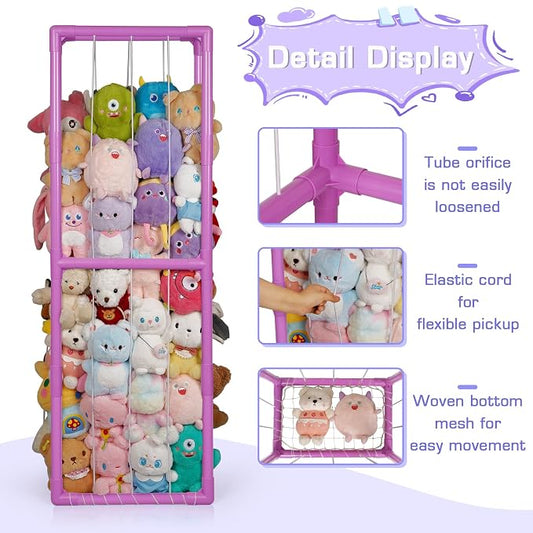 Stuffed Animal Storage Zoo Holder Space Save, PVC Stuffed Animal Organizer | Vertical Plush Toy Organizer with Elastic Band and Net, Large Capacity Stuffy Storage for Playroom Bedroom Nursery
