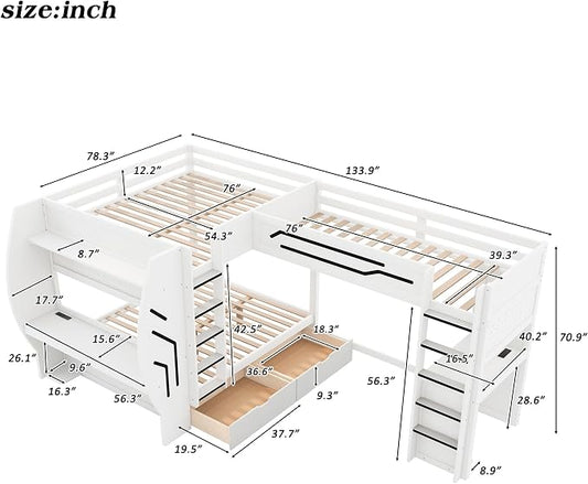 Twin&Full Over Full Triple Bunk Bed with Desk and Storage Drawers & LED,Charging Station,Solid Wood L-Shaped 3 Gaming Bunk Bed with Ladder,Guardrail,No Box Spring Needed (White,Twin & Full Over Full)