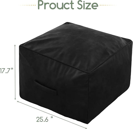 HIGOGOGO Square Stuffed Pouf Ottoman, Pu Leather Poufs with Foam Chunk Filling, Furry and Fluffy Pouf Foot Stool Storage Ottoman,26x18 Inches Floor Poufs Foot Rest for Living Room, Black