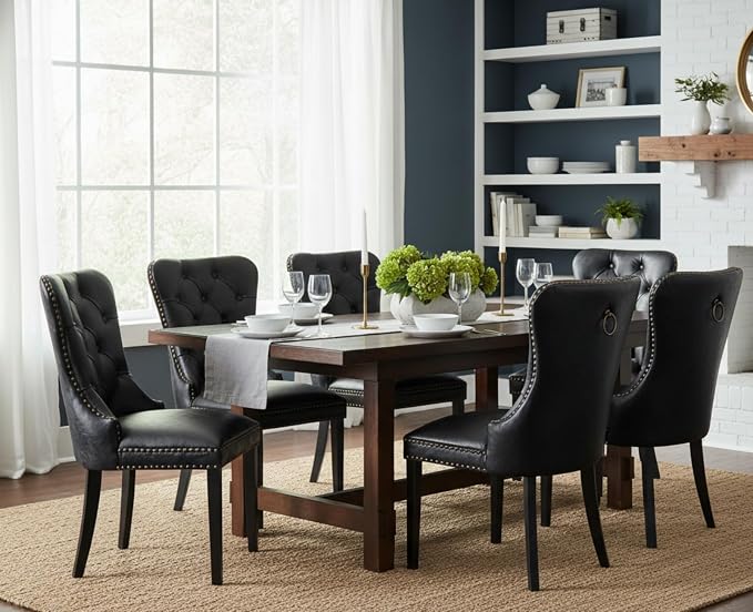 CIMOTA Black Leather Dining Chairs Set of 6 Mid Century Modern Dining Room Chairs Tufted Upholstered Kitchen Dining Chairs Comfortable Side Chairs with Nailhead Trim/Ring Back (PU /6PCS)