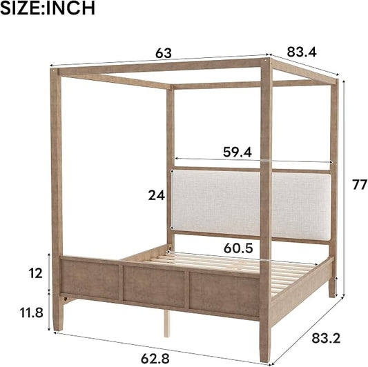 Merax King Size Canopy Bed with Upholstered Headboard, Wooden Platform Bed Frame with 4-Posters, Solid Wood Slat Support, No Box Spring Needed