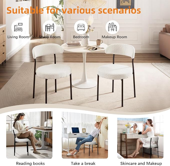 SoarFlash Dining Chairs, Beige Boucle Chairs Set of 6, Kitchen Dining Room Curved Backrest Upholstered Mid Century Modern Dining Chairs with Black Metal Legs