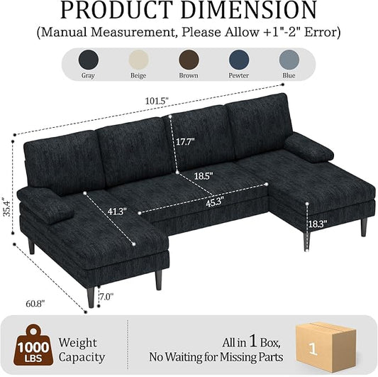 Korser U-Shaped Sectional Couches for Living Room, 101 Inch Modern Modular Sofa with Double Chaise Lounge, Comfy Chenille Fabric 4-Seat Couch Set for Apartment, Grey