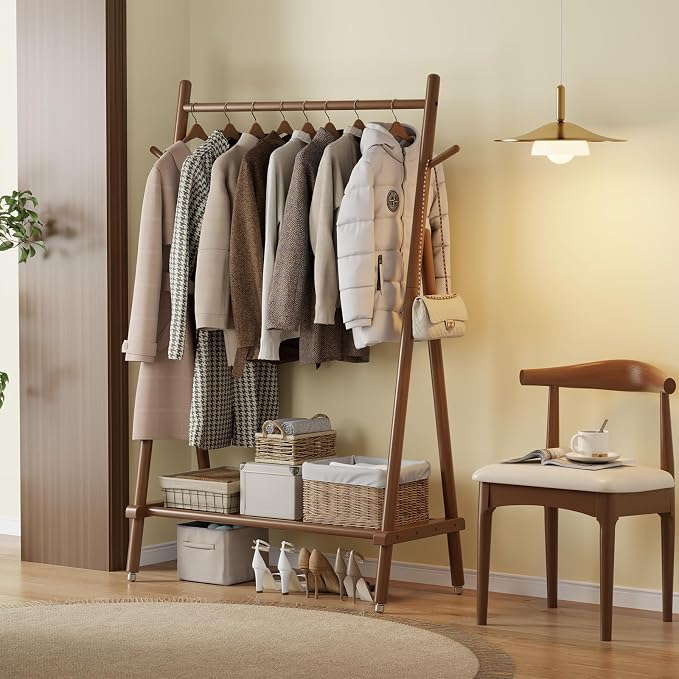 Muwuele Solid Wood Clothing Rack, Rolling Clothes Rack for Hanging Clothes, Garment Rack with Shelves Load 350 Lbs, Portable Closet Organizer on Wheels for Hanging Clothes (Walnut)