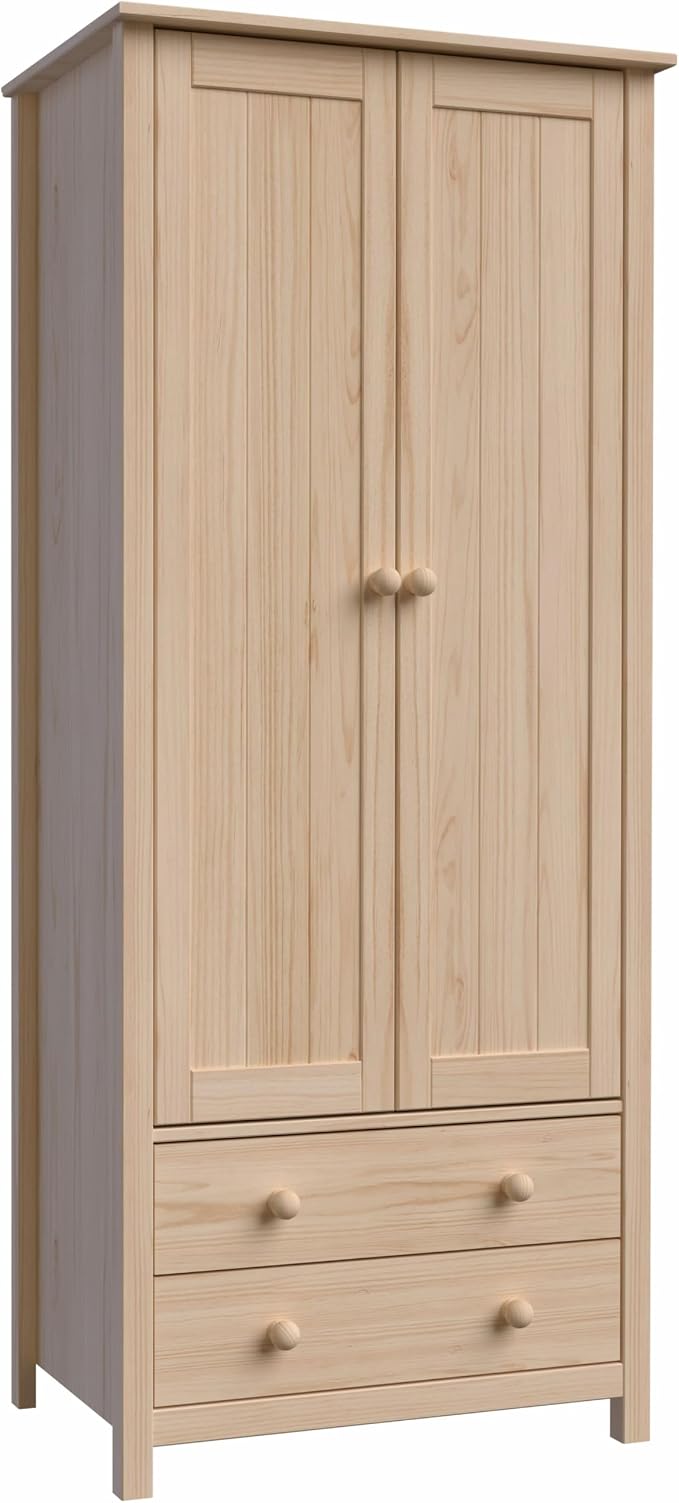 From the Tree Furniture Wardrobe – 2-Door Armoire with 2 Drawers, Unfinished Pine, 29.52″ W × 20.86″ D × 70.86″ H – Bedroom Closet with Hanging Rail & Metal Runners