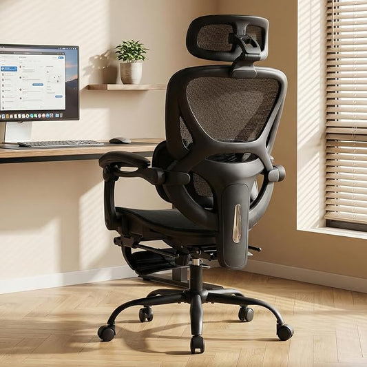 MALOL Ergonomic Mesh Office Chair with Footrest, Executive High Back Computer Desk Chair with 3D Adjustable Headrest & 5-Level Lumbar Support, Reclining Tilt Lock, 3D Arms, 300LBS Capacity, Black