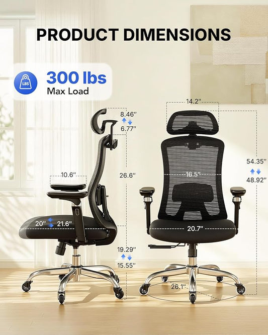 HUANUO Ergonomic Office Chair with 6D Armrest, Seat Depth Adjustment, Lumbar Support, Quiet Rubber Caster, High Back Mesh Gaming Chair with 3D Headrest, Big and Tall Chair for Home Office, Pack of 6