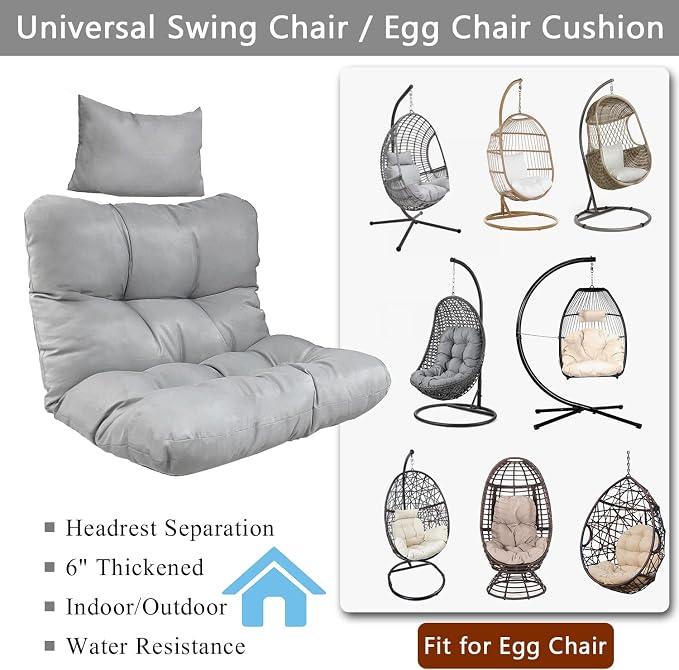 Enipate Outdoor Hanging Egg Chair Cushion, Water-Resistant Tufted Swing Basket Chairs Cushion Pads with Headrest Pillow