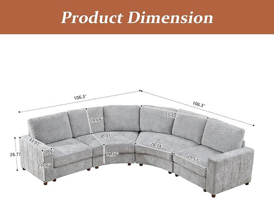 ORRD Curved Sectional Sofa, Convertible L Shaped Couch with Deep Seat, Boucle Modular Sectional Sofa with Pillows, Curved Chenille Comfy Corner 4 Seat Couch for Living Room, Grey