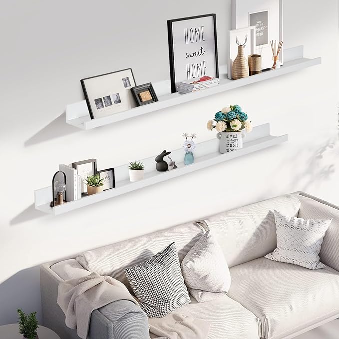 Muzilife 55" Large Floating Wall Ledge Shelves with Lip - Set of 2 Wood Floating Shelves - White Wall Mounted Picture Ledge for Office, Bathroom, Bedroom, Living Room, Kitche
