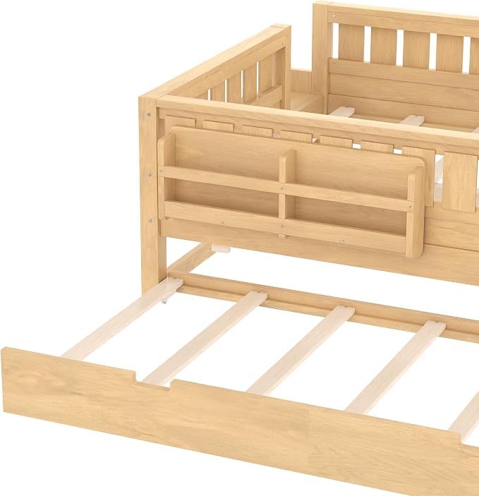 Bellemave Full Kids Montessori Bed with Stairs, Bookshelf and Trundle, Solid Wood Kids Bed Frame with Storage for Boys Girls, Low Profile,Light Natural