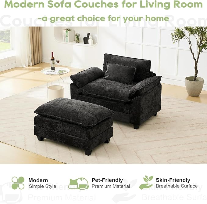 Oprisen 53" Modular Sectional Sofa, Comfy Cloud Couch Sectional Sofa with Ottoman, Chenille Sofa Sleeper Deep Seat Sofa with Throw Pillows for Living Room (Black)