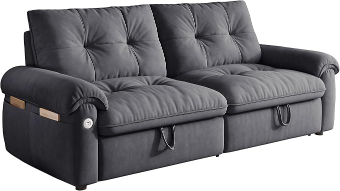 77.2'' Pull Out Couch Full Size, Pre-Assembled Sleeper Sofa Bed, Flannel Convertible Futon Sofa Bed with Adjustable Backrest, USB, Side Pockets, Loveseat for Living Room, Apartment, Dark Grey