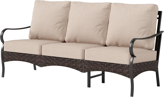 Beige cushioned outdoor sofa with wicker frame on a white background