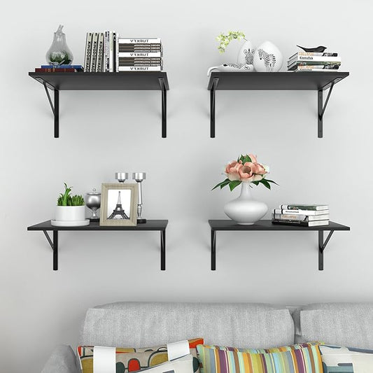 Deep Floating Wall Shelves - 4 Sets of 12 Inch Wide Black Wood Shelves for Bathroom, Bedroom, Kitchen, Living Room