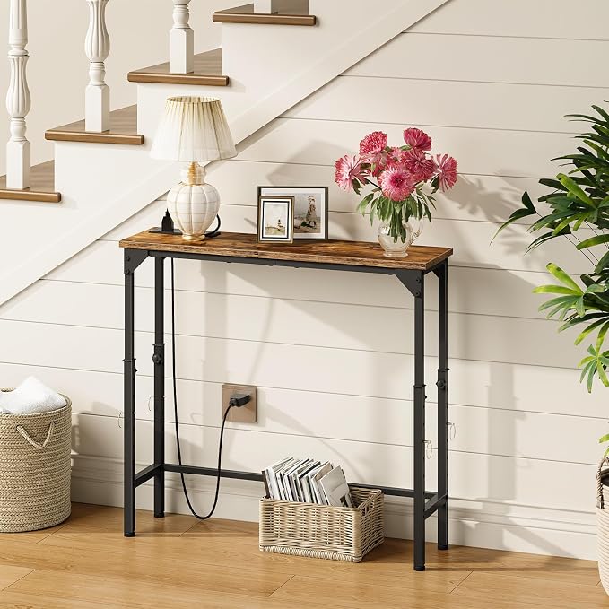 CHOEZON 59.1" Narrow Console Table with Adjustable Height (21.1"-29.9"), Set of 2, Behind Couch Table, Entryway Table with Power Outlet, Sofa Table for Entryway, Rustic Brown and Black TXG10UP2BF