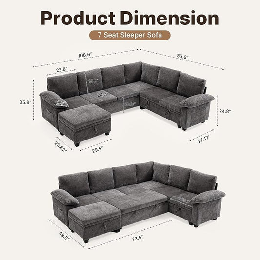 108" Modular Sectional Sofa Bed with Storage, L Shaped Pull Out Couch, Removable Chenille Sofa Cover for Living Room (Grey, 7 Seat)