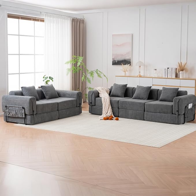 Cloud Modular Sectional Sofa, Foldable Floor Couch Bed, Convertible Sleeper Sofa Bed, Fold Out Boneless Couches for Living Room, Office, Guest Room, Apartment (3 Seater Couch, Grey)