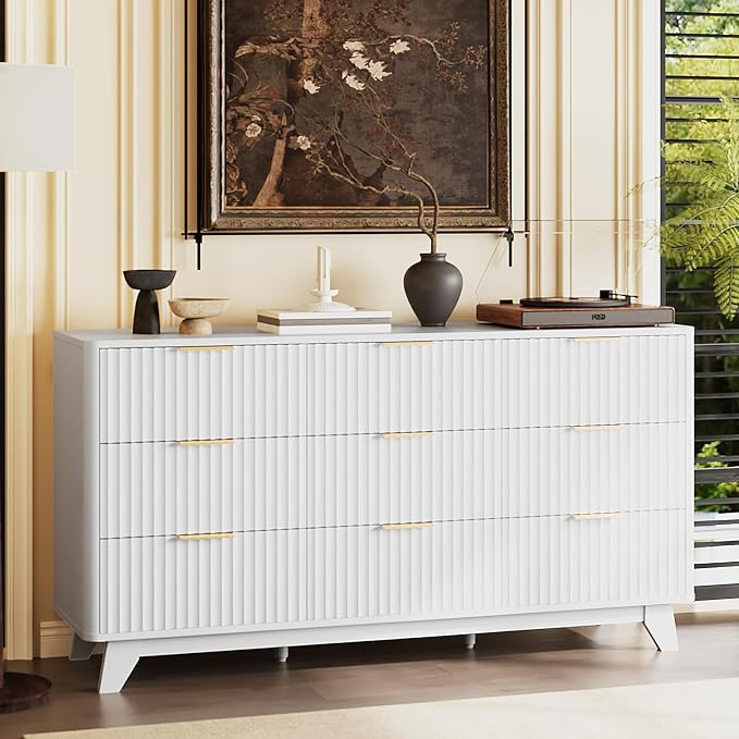 VINGLI 9 Drawer Dresser White Fluted Dresser for Bedroom with Rounded Edges, 57" Long Wood Dressers White and Gold, 57" W*15.75" D*29.92" H