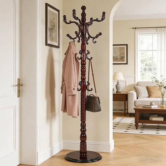 Wooden Coat Rack Freestanding with 18 Hooks, Adjustable Height Coat Tree Free Standing Heavy Duty for Entryway, Easy Assembly Solid Wood Sturdy Coat Hats Hanger Stand for Office Hallway Bedroom