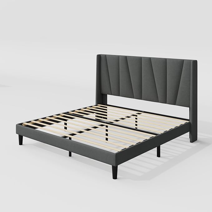 Allewie King Size Platform Bed Frame with Geometric Wingback Headboard, Boho Upholstered Bed with Wooden Slats Support, No Box Spring Needed, Easy Assembly, Dark Grey