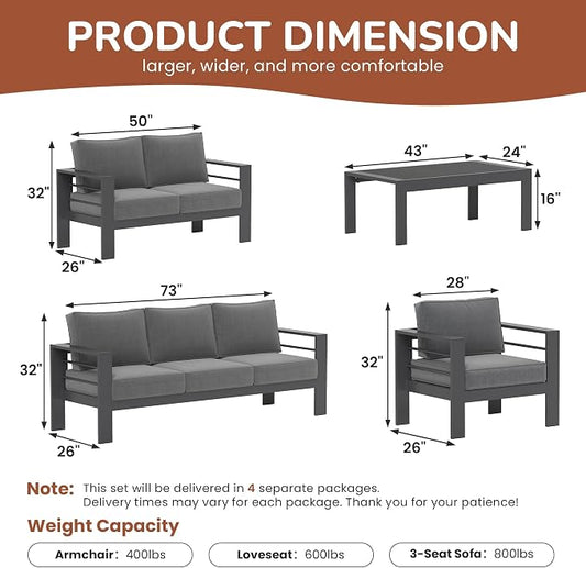 Solaste 7-Seaters Aluminum Outdoor Patio Furniture Set, Patio Sectional with 5" Thick Cushion, Outdoor Furniture with Coffee Table, Patio Sofa for Porch, Backyard, Deck, Yard, Dark Grey