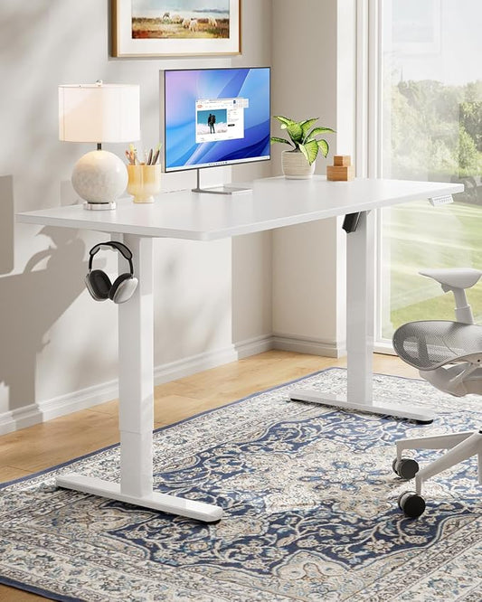 HUANUO Electric Standing Desk, Whole Piece Desktop, Adjustable Height Computer Desk, 4 Height Memory Settings, Sit Stand Up Desk for Home Office, 55" x 27", White