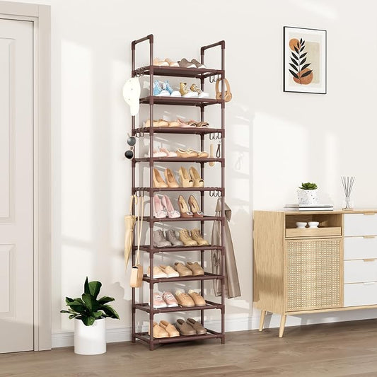 VTRIN 10 Tiers Tall Shoe Rack Holds 20-25 Pairs of Shoes Sturdy Vertical Shoe Organizer with 18pcs Hooks Stackable Narrow Shoe Rack for Closet, Entryway Brown