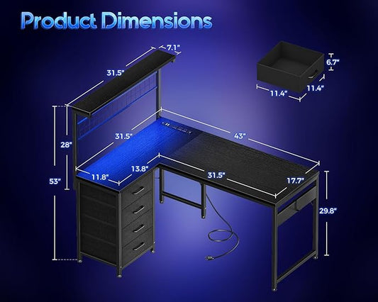MOTPK 43” L Shaped Gaming Desk for Small Rooms, Compact Corner Computer Table with Shelf & Hutch, 4 Drawers, Reversible Study Desk with LED Light, Power Outlets & USB Ports, Home Office Table, Black