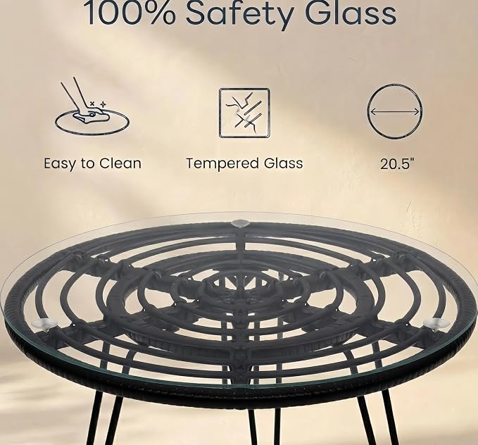 3-Piece Patio Furniture Set, Wicker Bistro Set with 2 Cushioned Rattan Armchairs and Glass Top Coffee Table, Small Conversation Set for Balcony, Porch, Backyard, Black/White