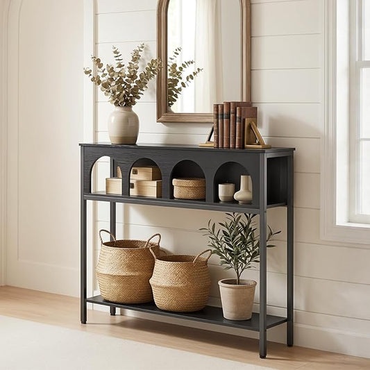 HOOBRO Narrow Console Table, Entryway Table with 3-Tier Storage, Sofa Table, Behind Couch Table with Arched Design for Living Room, Entrance, Hallway, Black BB106XG01