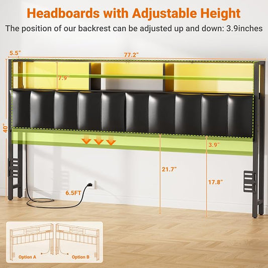Aheaplus Headboard for King Size Bed with Storage, Upholstered Headboards with Outlets, USB Ports and LED Light, Reversible King Size Head Board, Height Adjustable, Comfortable Headboard, Black