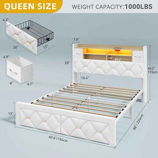 YITAHOME Queen Size Bed Frame with 2 Storage Drawers and Storage Headboard, Upholstered Platform with Charging Station and LED Light, No Box Spring Needed, Noise Free, Easy Assembly, Velvet White