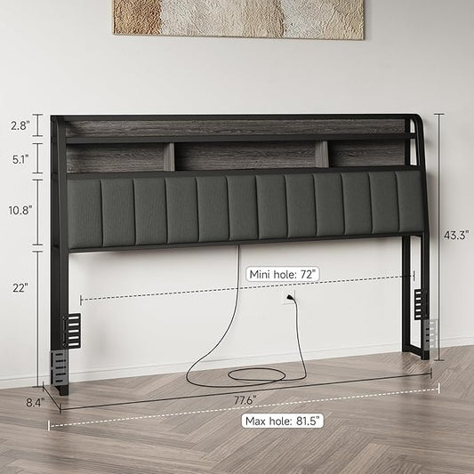 King Headboard Only with Storage, Upholstered Headboards for King Size Bed with LED Light, Charging Station, Height Adjustable, Sturdy and Stable Headboard, Black & Grey