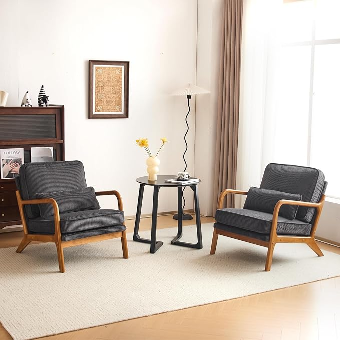 Karl home Mid-Century Modern Accent Chair, Living Room Chairs with Pillow Corduroy Upholstered Lounge Armchair with Solid Wood Frame & Soft Cushion for Bedroom, Reading Room, Dark Gray