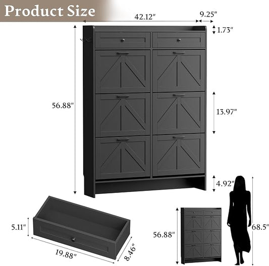 BORNOON Shoe Cabinet for Entryway, Farmhouse Shoe Storage Cabinet with 6 Flip Drawers and 2 Top Drawers, Tall Narrow Shoe Organizer Cabinet with Adjustable Shelves, Side Hooks and Anti-Tip Kit