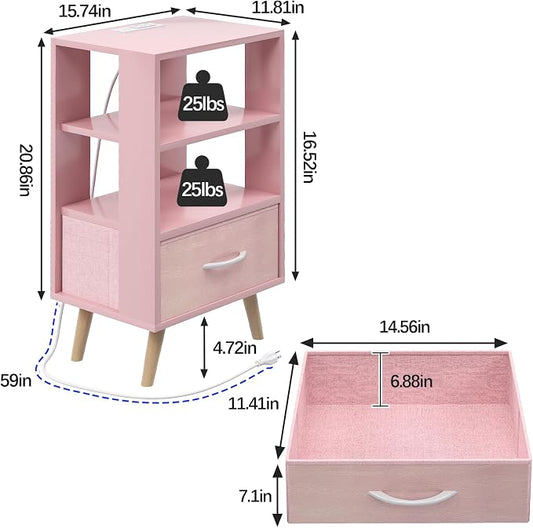 Aenuert Night Stand with Charging Station, Pink Nightstand with Drawer, 3-Tier Wooden Bedside Table with USB Ports and Outlets, End Table for Small Space, Living Room, Bedroom