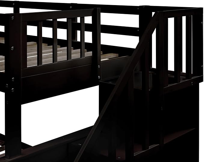 MERITLINE Twin Over Full Bunk Bed with Trundle, Storage Staircase,Solid Wood Bunk Bed with Stairs Box and Guardrail, No Spring Box Needed (Espresso &Trundle,Twin Over Full)